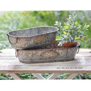 Rustic Galvanized Metal Planters Oval Vintage Garden Containers Outdoor Use Flower Green Plant Holder - Product Image 1