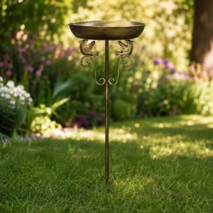 Mangeoire extérieure pour oiseaux en laiton moulé, double station d'eau et de nourriture, bain pour oiseaux sauvages avec support en laiton, pour patio - Product Image 6