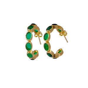 Pendientes de aro ovalados de diseñador, cuarzo Esmeralda chapado en oro, piedra natal hecha a mano, joyería de piedras preciosas, declaración única, joyería de moda - Product Image 2