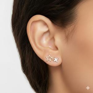 Boucles d'oreilles tendance modernes en or 10K et argent sterling 925, certifiées IGI, avec diamants pavés, motif double étoile, cadeau pour filles - Product Image 3
