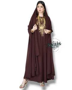 Awais House Women's Maroon Embroidered Organza Floor-Length V-Neck Long Sleeve A-Line Abaya Beaded Embroidery Evening/ Formal - Product Image 2