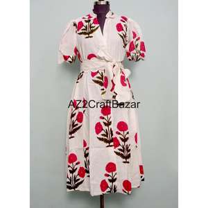 Robe midi en tissu tricoté 100% coton pour femmes, imprimé floral, coupe évasée, col en V, manches courtes, décoration boutonnée, respirante, lavable - Product Image 3