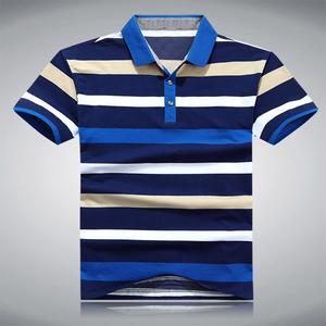Polo de Manga Corta a Rayas para Hombre, Corte Regular, Cierre de Botones, Tejido de Punto, Casual, Patrón Azul, Blanco y Beige - Product Image 5