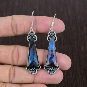 Boucles d'oreilles pendantes en labradorite, argent sterling 925, bijoux bohèmes faits à la main, pierres précieuses, cadeau de luxe pour femmes - Product Image 1