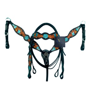 Black <b>Leather</b> Horse Headstall & Breast Collar Set Turquoise Floral Hand Painted Tooled Western Tack Gear - Product Image 1