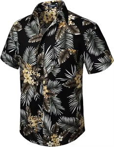 Chemise hawaïenne à manches courtes pour homme, imprimé floral, noire, respirante, 100% coton, vêtements de vacances, col en V, style estival, séchage rapide - Product Image 1