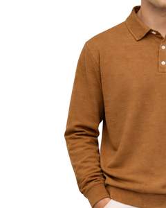 เสื้อโปโลแขนยาวสีน้ำตาลอูฐสำหรับผู้ชาย ผ้าคอตตอนผสมเนื้อนุ่ม สวมใส่สบาย คอปกคลาสสิก เหมาะสำหรับฤดูหนาว ผลิตโดยผู้ผลิตเสื้อผ้า - Product Image 4