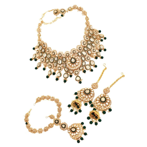 Gold Plated Kundan <b>Beads</b> Semi-Bridal Necklace <b>Set</b> with Natural Stone-Fine Jewelry - Product Image 2