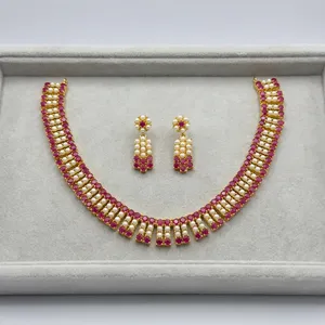 Ensemble de colliers en cuivre plaqué or avec perles pour femmes, bijoux de luxe en zircon pour mariages indiens et fêtes, avec boucles d'oreilles - Product Image 5