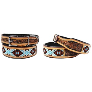 Western Style Cow Leather Soft <b>Padded</b> Beaded Dog Collar Floral Hand Tooled Dog Belt Wholesale Manufacturer - Product Image 2