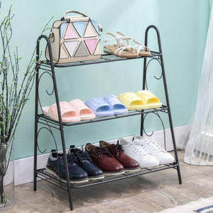 2 Tier Iron Shoe Rack Stand Metal Wire Shoe <b>Shelf</b> Storage <b>Organizer</b> With Decorative Leaf Trim For Living Room Black Finish - Product Image 2