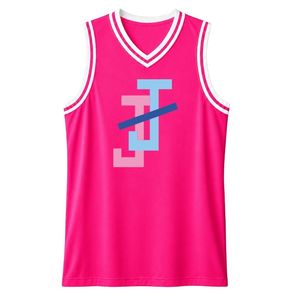 เสื้อกล้ามบาสเก็ตบอลปักโลโก้ JJ สีชมพูร้อนแรง คอวี แขนกุด แต่งขอบสีขาว สำหรับฝึกซ้อมบาสเก็ตบอล - Product Image 1