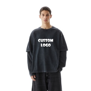 T-shirt Streetwear Personnalisé Vintage Délavé Double Couche Manches Longues Coton Lourd 100% Homme Coupe Oversize Anti-Plis - Product Image 1