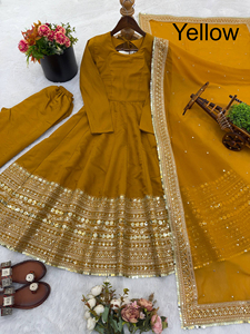 New PinkCityBlocks Women's RADHE EXPORT Casual Designer Georgette Solid <b>Fabric</b> Anarkali Gown Embroidered Dupatta Quick Dry - Product Image 3