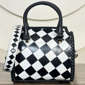 March Expo Checkered Pattern Genuine Cowhide Leather Speedy Bag with Turquoise Concho Personalised <b>Small</b> Shoulder Bag for Unisex - Product Image 4