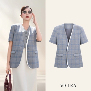 Blazer Elegante a Cuadros de Manga Corta para Mujer, Cuello en V, Cierre de un Botón, Poliéster y Elastano, Ropa Casual de Oficina para Primavera/Verano, SAYA - Product Image 1