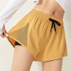 Shorts pour femmes, rose uni, tricotés, avec empiècements en mesh, taille à cordon de serrage, respirants, coupe sportive, taille mi-haute, style classique - Product Image 5