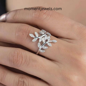 <b>Silver</b> Leaf Zircon <b>Adjustable</b> <b>Ring</b> Open Band Marquise Stone Floral Jewelry for Wedding Party Gift - Product Image 3