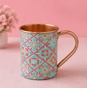 Taza de Cobre con Asa de Diseño Floral Bohemio, Vajilla Decorativa para el Hogar, Hecha a Mano, con Estampado de Mandala Turquesa - Product Image 6