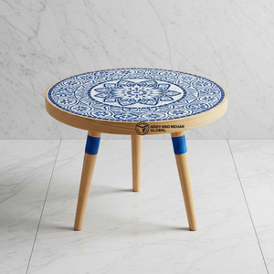 Handcrafted Round Decorative Accent <b>Stool</b> <b>with</b> Natural Wood Legs Blue Geometric Pattern Wooden <b>Stool</b> - Product Image 6