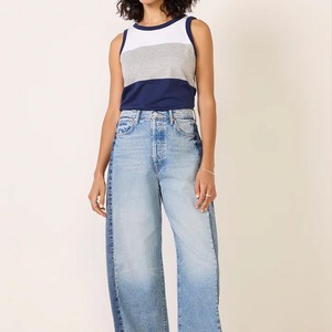 Women's Color Blocked Sleeveless Tank <b>Top</b> O-Neck Knitted Cotton Casual Loose Fit White Gray <b>Navy</b> Blue - Product Image 6