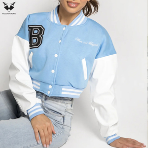 Light Blue White Varsity <b>Jacket</b> <b>Women</b> Full Sleeve Embroidered Letter B College Style Turn-Down Collar Short Length Autumn Wear - Product Image 5