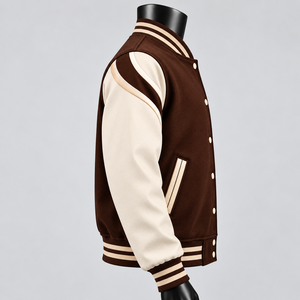Chaqueta Varsity de Invierno Ecológica para Hombre, Color Marrón y Blanco, con Logotipo Personalizado Bordado OARH INT INDUSTRY, Estilo Preppy, Cuello Camisero - Product Image 4