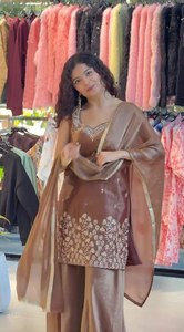 <b>Rust</b> orange fandy satin silk plazzo suit with multi thread sequence embroidery v neck <b>top</b> pant dupatta lace border party wear - Product Image 6