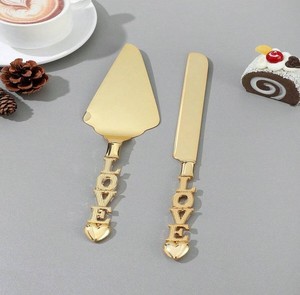 Gold Plated Cake Server Set With Love Handle Design Elegant Metal <b>Flatware</b> Wedding Occasion Dishwasher Safe - Product Image 3