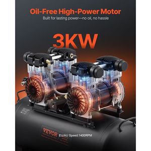 Compresor de Aire Industrial de 4 HP, 10.6 CFM a 90 PSI, Ultra Silencioso, Tanque de Acero de 20 Galones, Sin Aceite, Presión Máxima de 125 PSI, 78 dB - Product Image 2