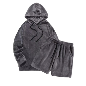 Men's Hooded Fleece Sweatshirt And Shorts <b>Set</b> Solid Color Thermal Winter Casual Wear - Product Image 4