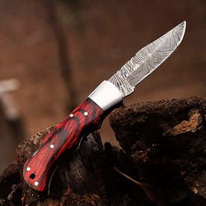 Cuchillo de bolsillo hecho a mano de acero de Damasco con hoja recta tipo clip point, mango de madera y funda de cuero, personalizable OEM/ODM - Product Image 3