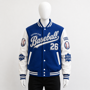 Custom Club Baseball Bomber <b>Jacket</b> <b>Men</b> Blue <b>White</b> Embroidered Patch Design MVP All Star 26 Front Logo Preppy Style Winter Thin - Product Image 1