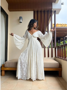 Robe longue maxi femme 2026 à col en V profond, entièrement volantée, style bohème, blanche, tricotée, à plusieurs niveaux, pour la plage, sexy, à manches évasées - Product Image 6