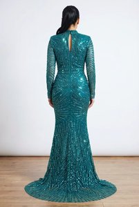 Vestido de Noche de Lujo Color Verde Azulado con Lentejuelas, Estilo Sirena, Cuello Alto, Manga Larga, Adornado con Cuentas Geométricas, para Invitadas de Bodas y Fiestas - Product Image 2