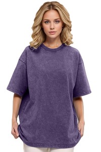 Camiseta de Algodón Lavado Oversize para Mujer, Color Sólido, Corte Holgado, Cuello Redondo, Manga Corta, Estilo Urbano para Primavera/Verano - Product Image 6