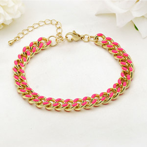Wholesale 925 Sterling Silver Hot Pink Enamel Cuban Link <b>Bracelet</b> <b>Gold</b> Plated <b>Adjustable</b> Curb Chain Women Jewelry - Product Image 2