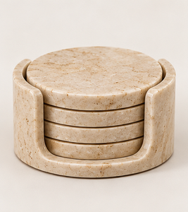 Ensemble de 4 sous-verres en marbre naturel de qualité supérieure avec support assorti, couleur ivoire beige chaud, sous-verres ronds pour table - Product Image 2
