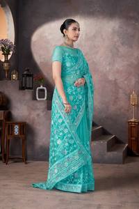 Conjunto de Blusa y Saree Tradicional Verde, de Secado Rápido, Largo hasta el Suelo, con Estampado Floral, Estilo Indio-Pakistaní, para Fiestas y Bodas - Product Image 3