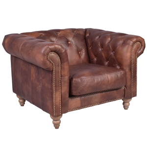 Canapé Chesterfield vintage moderne à une place avec revêtement en cuir capitonné profond, pieds en bois massif, fauteuil pour salon - Product Image 2