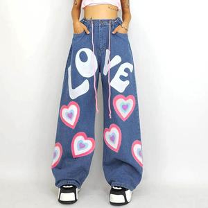 Jean en denim à jambe large imprimé Love OEM 2026, taille haute avec cordon de serrage, style grande taille, longueur intégrale, en coton pour femme - Product Image 5