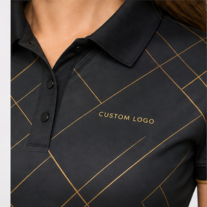 เสื้อโปโลแขนสั้นลายตารางเพชรสีดำทองสำหรับผู้หญิง พิมพ์ลายแบบซับลิเมชั่น แห้งเร็ว เหมาะสำหรับกีฬากอล์ฟ พร้อมโลโก้แบบกำหนดเอง - Product Image 5