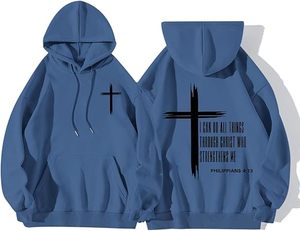 Sweat-shirt à capuche bleu clair pour homme avec imprimé croix et verset des Philippiens, coupe classique, style décontracté - Product Image 4