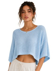 Pull court tricoté ample bleu ciel pour femme, manches courtes, léger et respirant, idéal pour l'été, style décontracté et tendance - Product Image 1