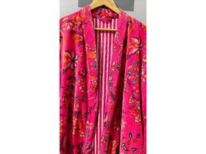 Luxury Printed Knitted Velvet Cotton Thick Long Autumn Winter <b>Kimono</b> Robe <b>Jackets</b> Bridesmaid Bathrobe Women Dressing Gown Pink - Product Image 5
