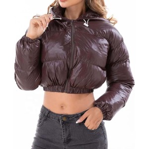 Women's Cropped <b>Quilted</b> Puffer <b>Jacket</b> With Hood Full Sleeve Winter Warm Coat Solid Color Zipper Closure - Product Image 1