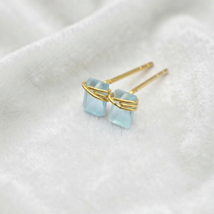 Wire Wrapped Ruby <b>Stud</b> <b>Earrings</b> 6x4mm Light <b>Blue</b> Brass Gold Plated Minimalist Women's Jewelry - Product Image 4