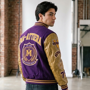 <b>Purple</b> Gold Letterman Jacket Wool Body Leather Sleeves Embroidered Patches Snap Button Custom OEM ODM Wholesale - Product Image 4