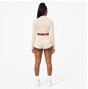 Custom Logo Women Beige Quarter <b>Zip</b> Long Sleeve Crop Top and High Waist Drawstring <b>Shorts</b> Set Long Sleeve Crop Top <b>Shorts</b> Set - Product Image 4