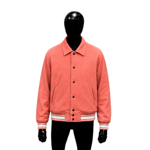 CLASSIC CORAL VARSITY JACKET FOR MEN Turn-<b>down</b> Collar Solid Color Cotton Blend Casual Autumn Wear Regular Fit Single Breasted - Product Image 1